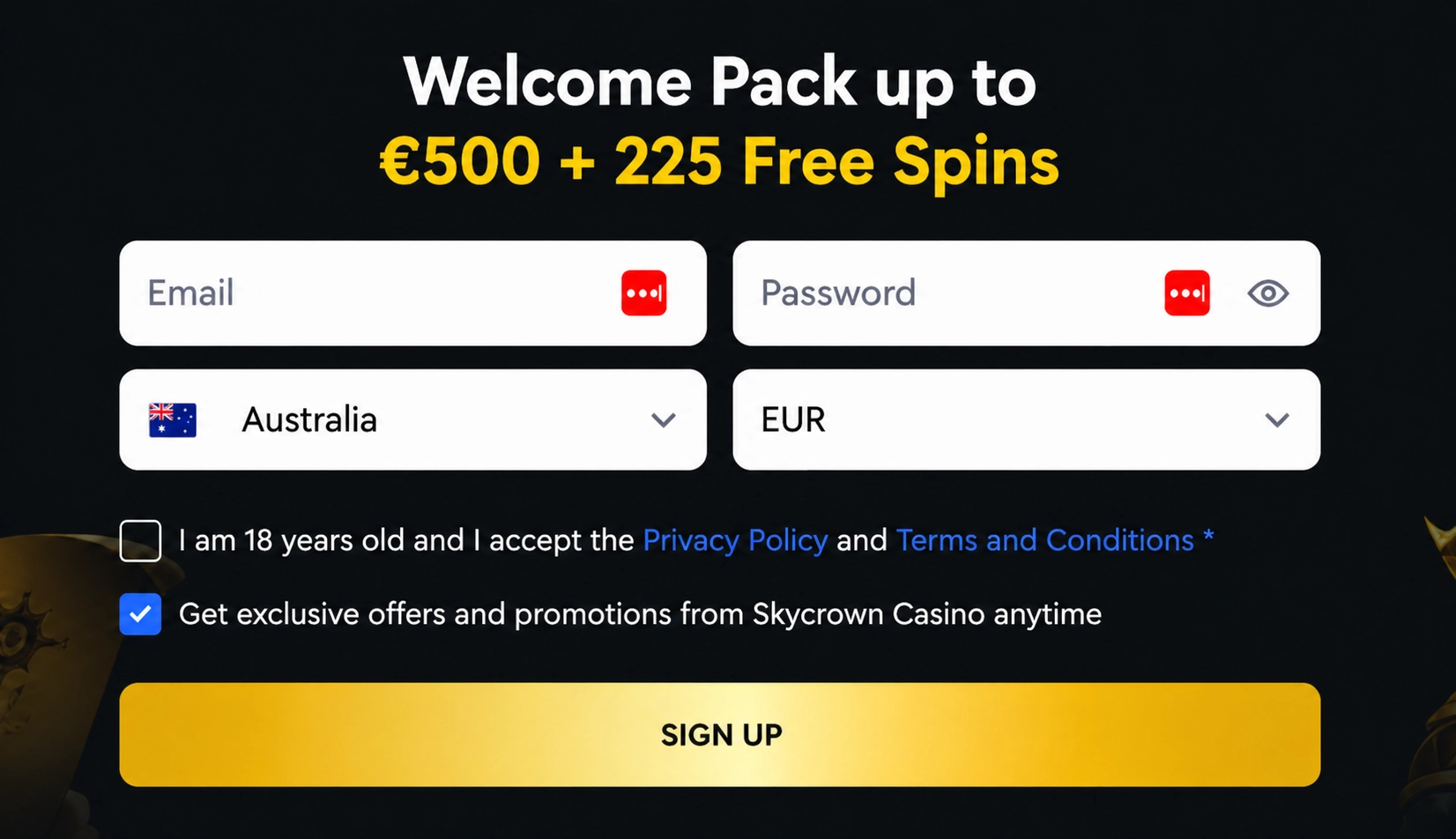 Sky Crown Online Casino web platform login interface